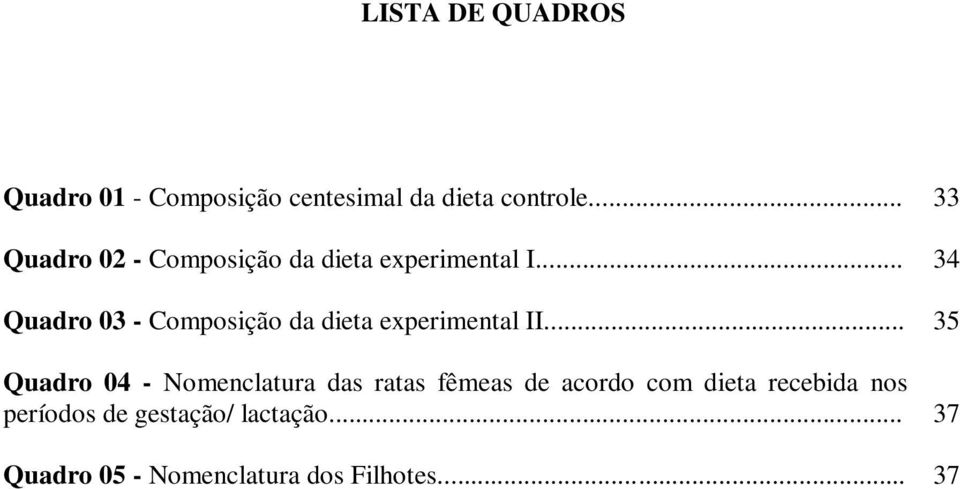 .. 34 Quadro 03 - Composição da dieta experimental II.