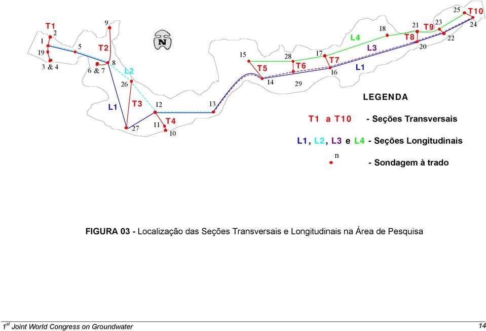 e L4 - Seções Longitudinais n - Sondagem à trado FIGURA 03 - Localização das Seções