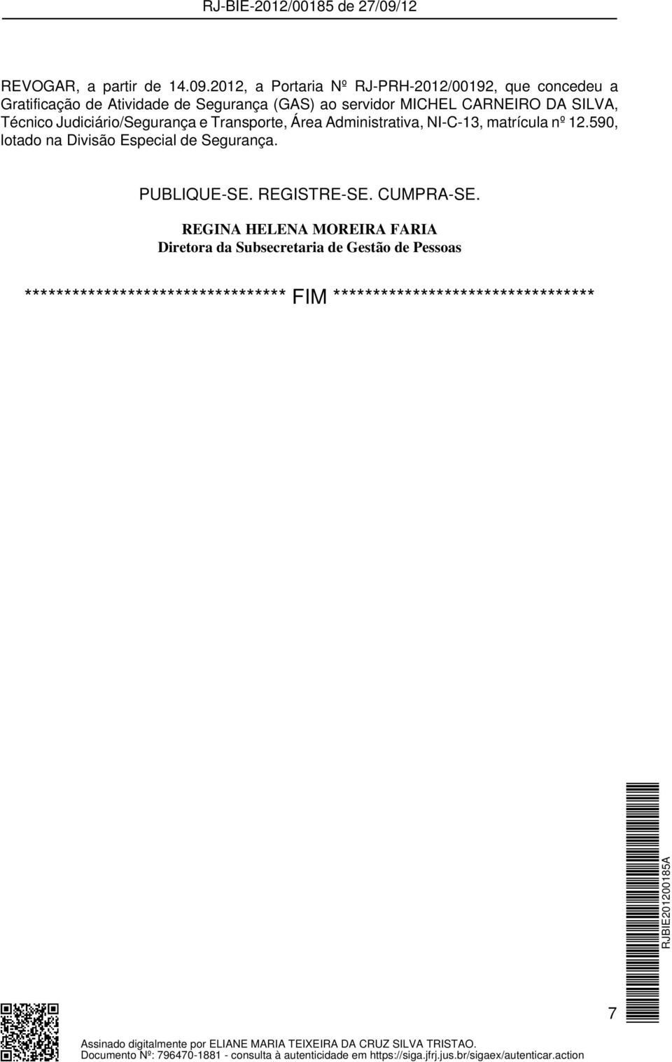 MICHEL CARNEIRO DA SILVA, Técnico Judiciário/Segurança e Transporte, Área Administrativa, NI-C-13, matrícula nº