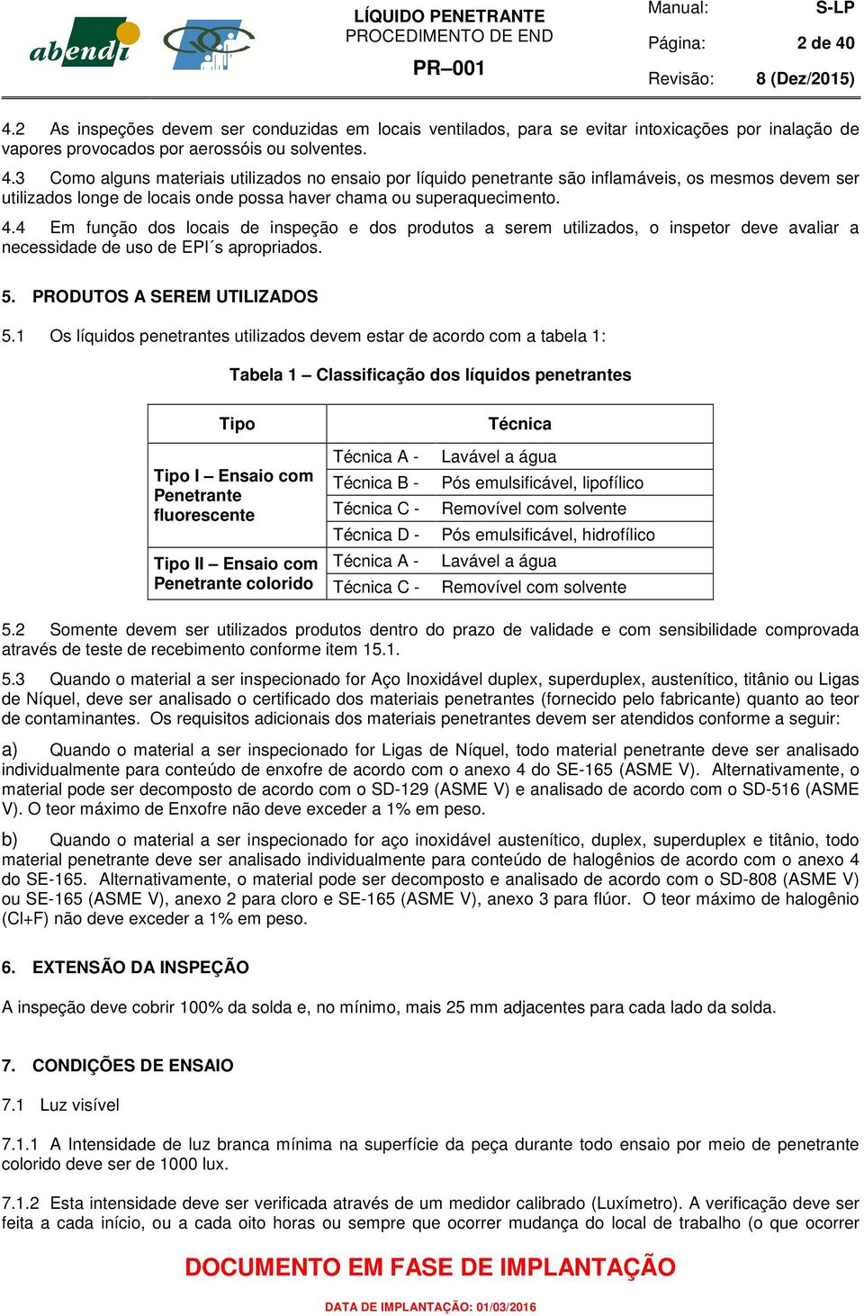 1 Os líquidos penetrantes utilizados devem estar de acordo com a tabela 1: Tabela 1 Classificação dos líquidos penetrantes Tipo Tipo I Ensaio com Penetrante fluorescente Tipo II Ensaio com Penetrante