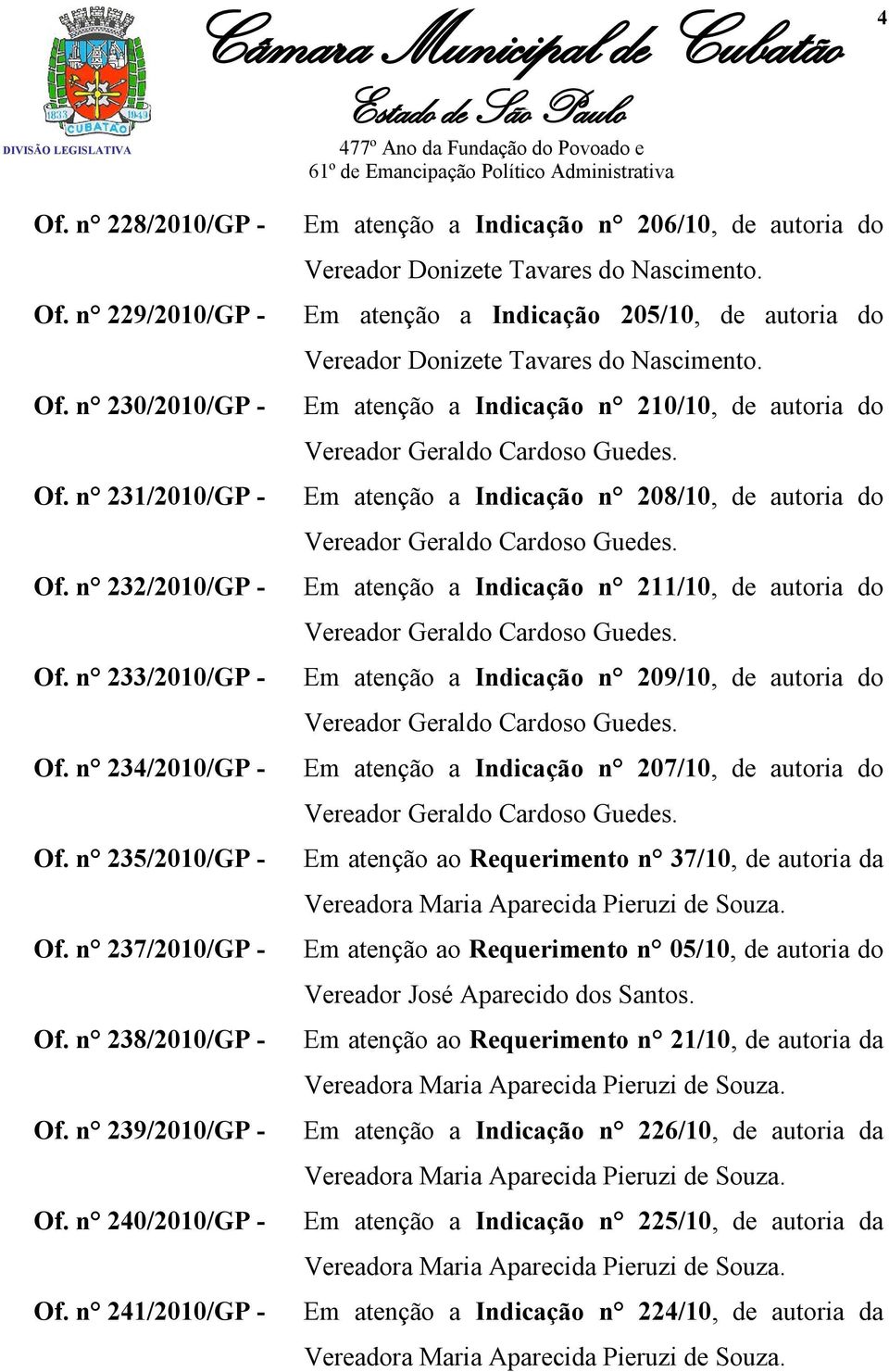 Em atenção a Indicação 205/10, de autoria do Vereador Donizete Tavares do Nascimento. Em atenção a Indicação n 210/10, de autoria do Vereador Geraldo Cardoso Guedes.