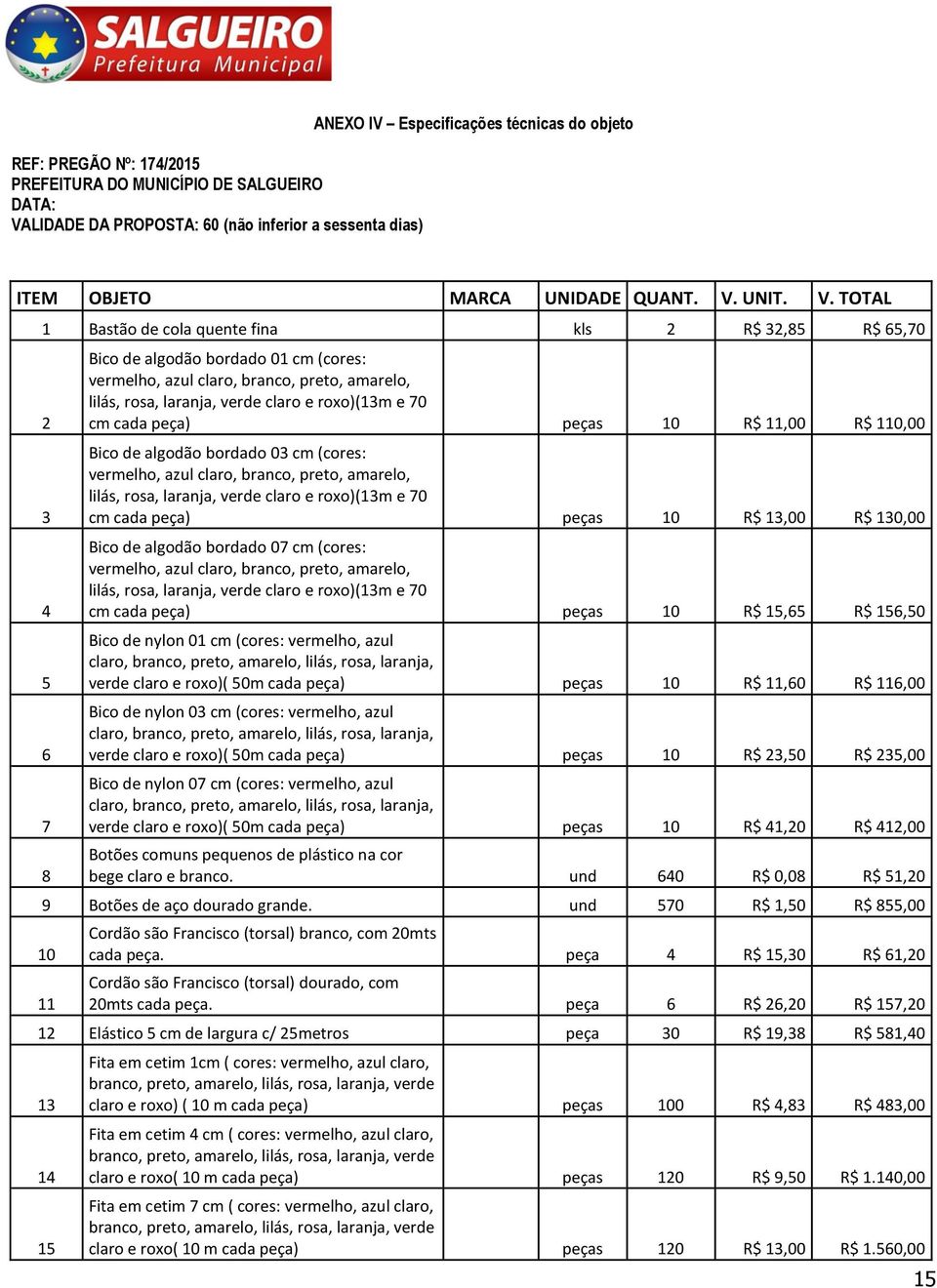 TOTAL 1 Bastão de cola quente fina kls 2 R$ 32,85 R$ 65,70 2 3 4 5 6 7 8 Bico de algodão bordado 01 cm (cores: vermelho, azul claro, branco, preto, amarelo, lilás, rosa, laranja, verde claro e