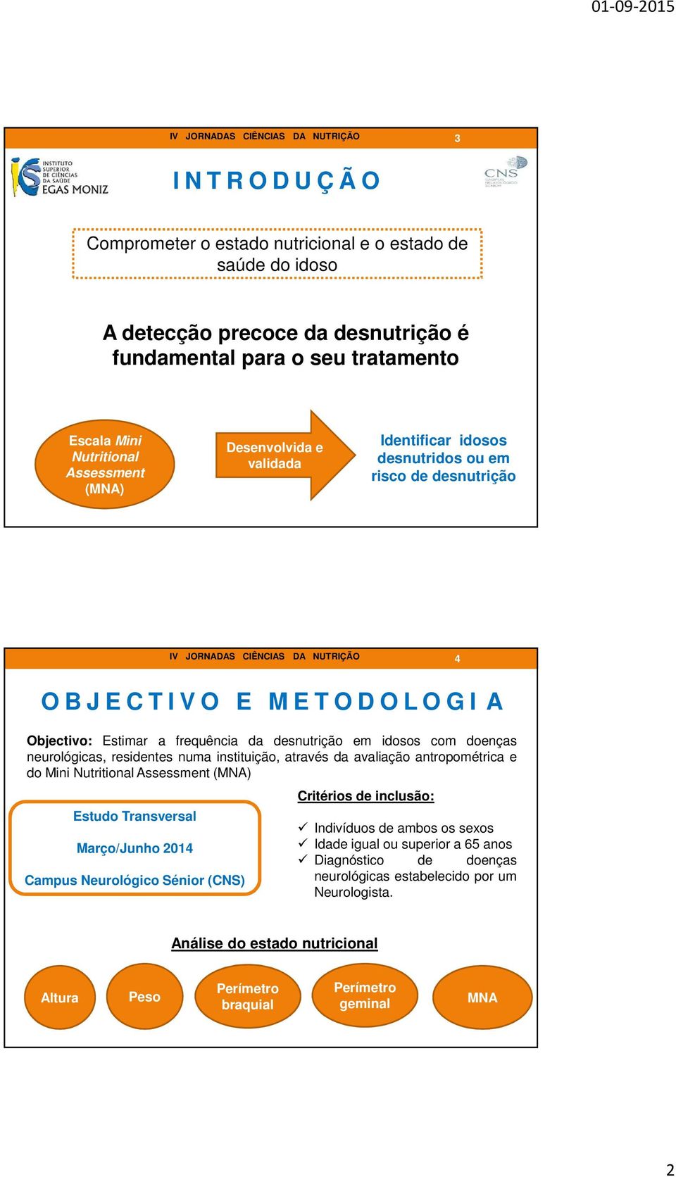 neurológicas, residentes numa instituição, através da avaliação antropométrica e do Mini Nutritional Assessment (MNA) Estudo Transversal Março/Junho 2014 Campus Neurológico Sénior (CNS) Critérios de