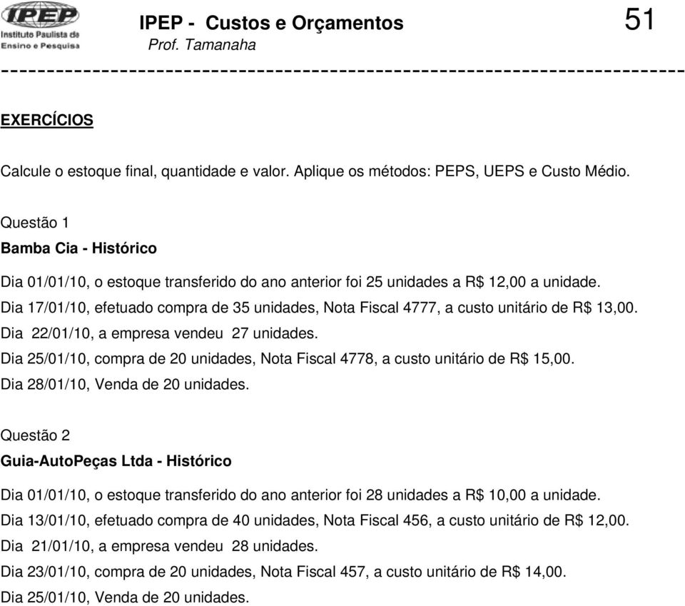 Dia 17/01/10, efetuado compra de 35 unidades, Nota Fiscal 4777, a custo unitário de R$ 13,00. Dia 22/01/10, a empresa vendeu 27 unidades.