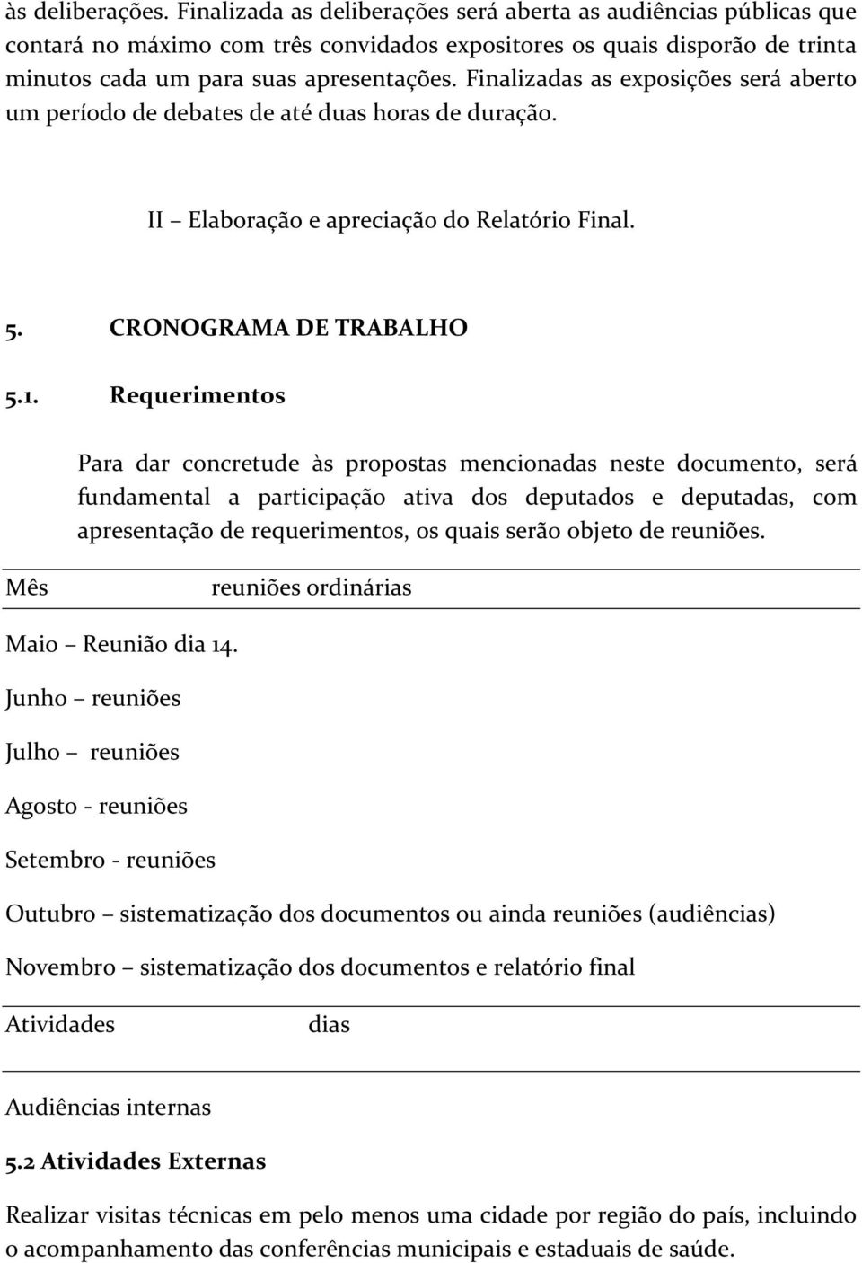 Finalizadas as exposições será aberto um período de debates de até duas horas de duração. II Elaboração e apreciação do Relatório Final. 5. CRONOGRAMA DE TRABALHO 5.1.