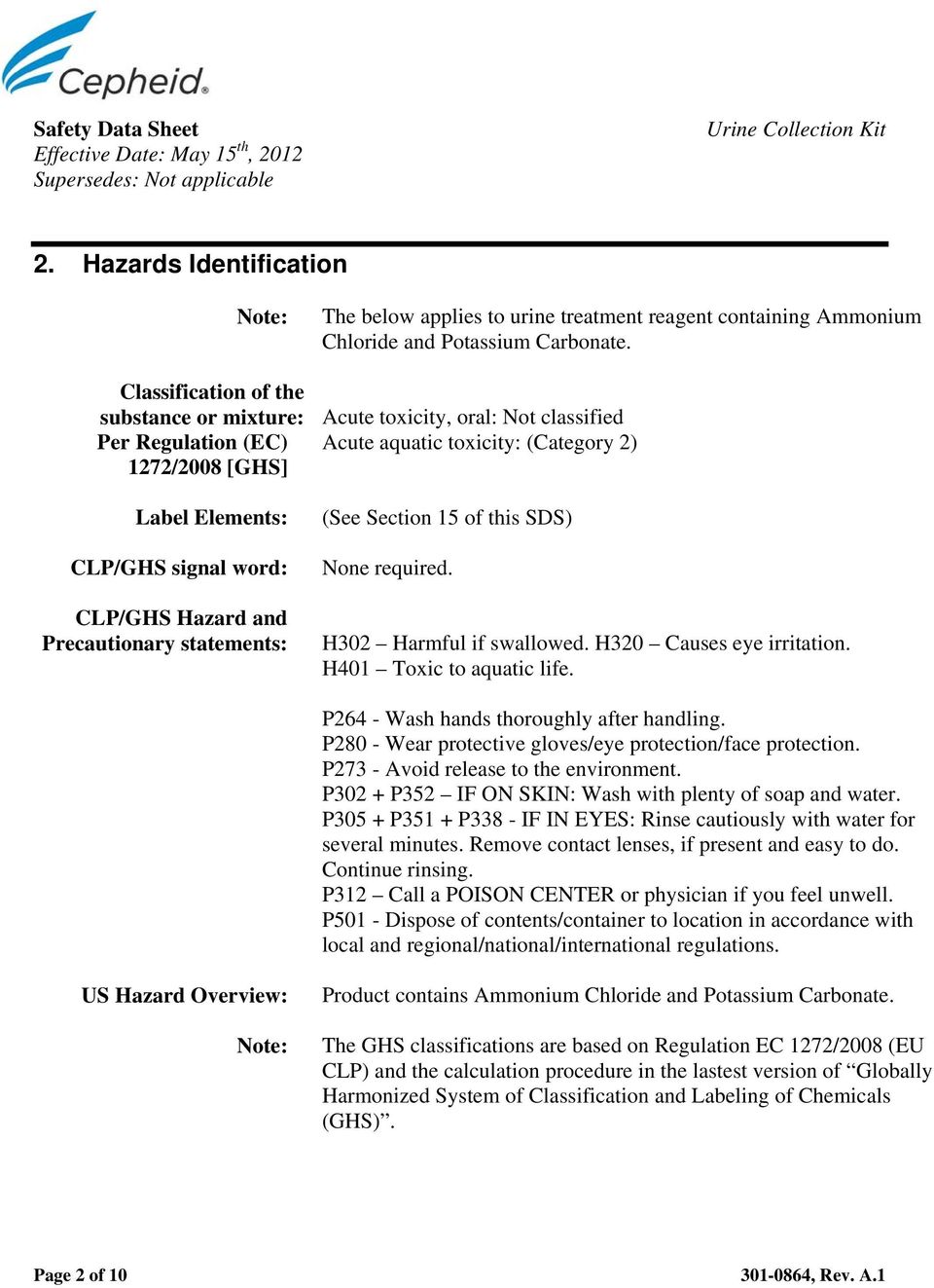 below applies to urine treatment reagent containing Ammonium Chloride and Potassium Carbonate.