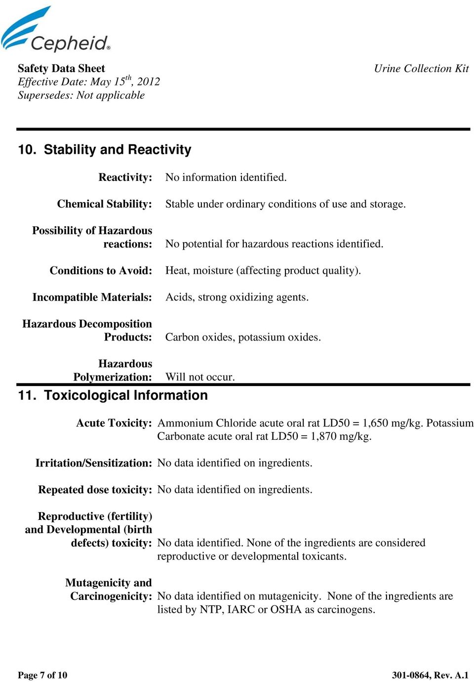 Stable under ordinary conditions of use and storage. No potential for hazardous reactions identified. Heat, moisture (affecting product quality). Acids, strong oxidizing agents.