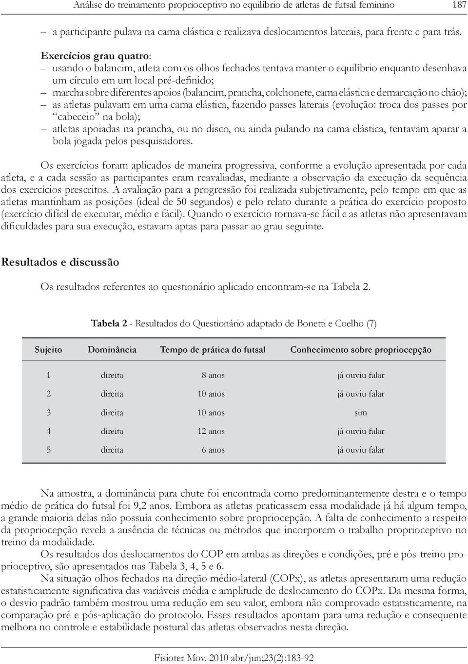 prancha, colchonete, cama elástica e demarcação no chão); as atletas pulavam em uma cama elástica, fazendo passes laterais (evolução: troca dos passes por cabeceio na bola); atletas apoiadas na