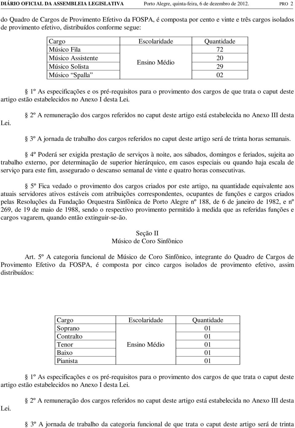 Fila 72 Músico Assistente 20 Ensino Médio Músico Solista 29 Músico Spalla 02 1º As especificações e os pré-requisitos para o provimento dos cargos de que trata o caput deste artigo estão