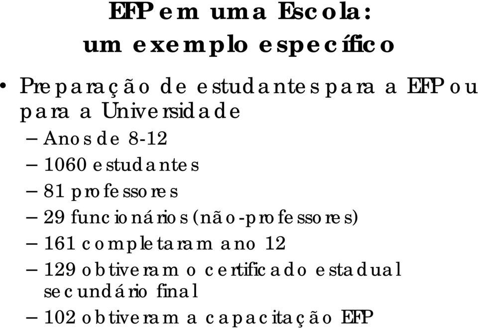 professores 29 funcionários (não-professores) 161 completaram ano 12