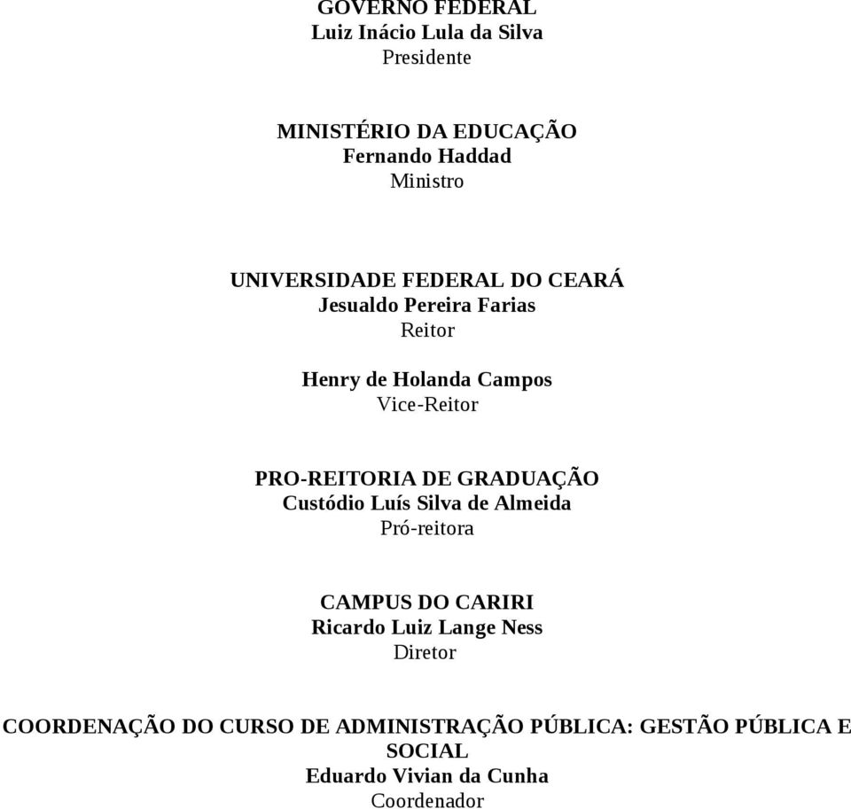 PRO-REITORIA DE GRADUAÇÃO Custódio Luís Silva de Almeida Pró-reitora CAMPUS DO CARIRI Ricardo Luiz Lange