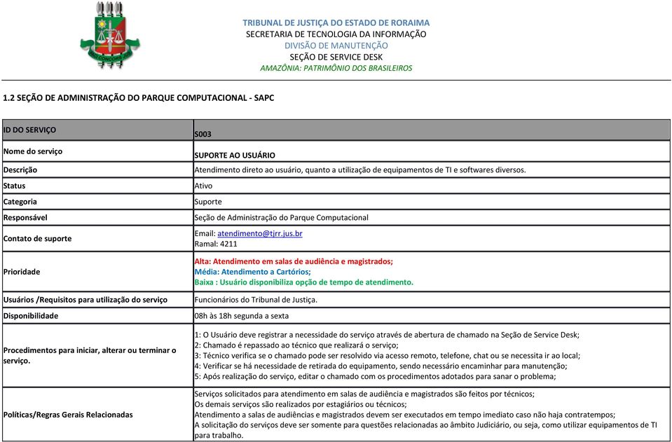 Ativo Suporte Seção de Administração do Parque Computacional Email: atendimento@tjrr.jus.