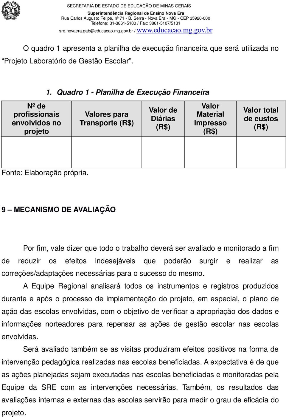 Quadro 1 - Planilha de Execução Financeira Nº de profissionais envolvidos no projeto Valores para Transporte (R$) Valor de Diárias (R$) Valor Material Impresso (R$) Valor total de custos (R$) Fonte: