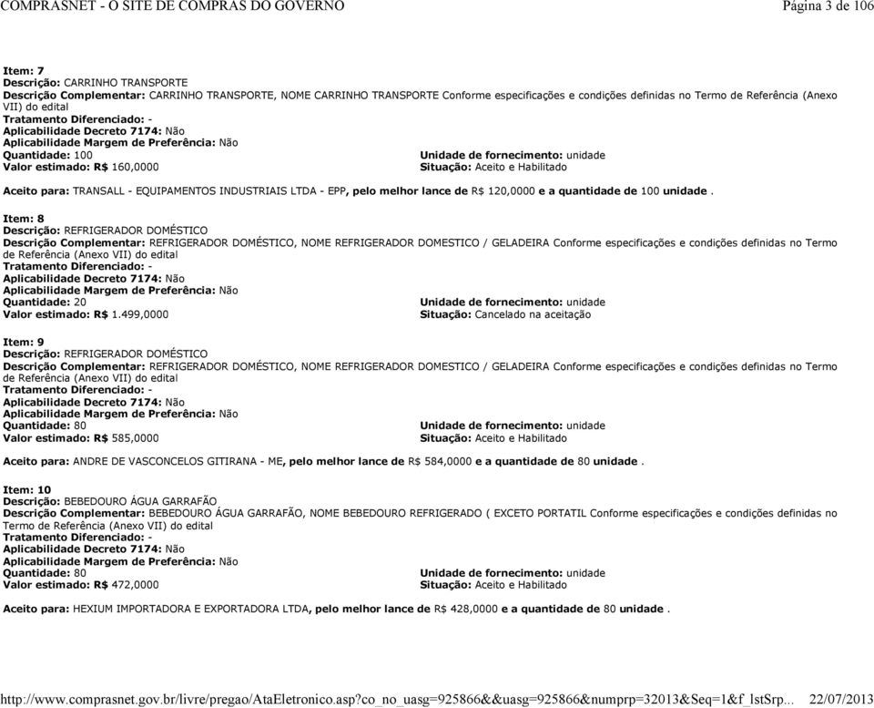 160,0000 Situação: Aceito e Habilitado Aceito para: TRANSALL - EQUIPAMENTOS INDUSTRIAIS LTDA - EPP, pelo melhor lance de R$ 120,0000 e a quantidade de 100 unidade.