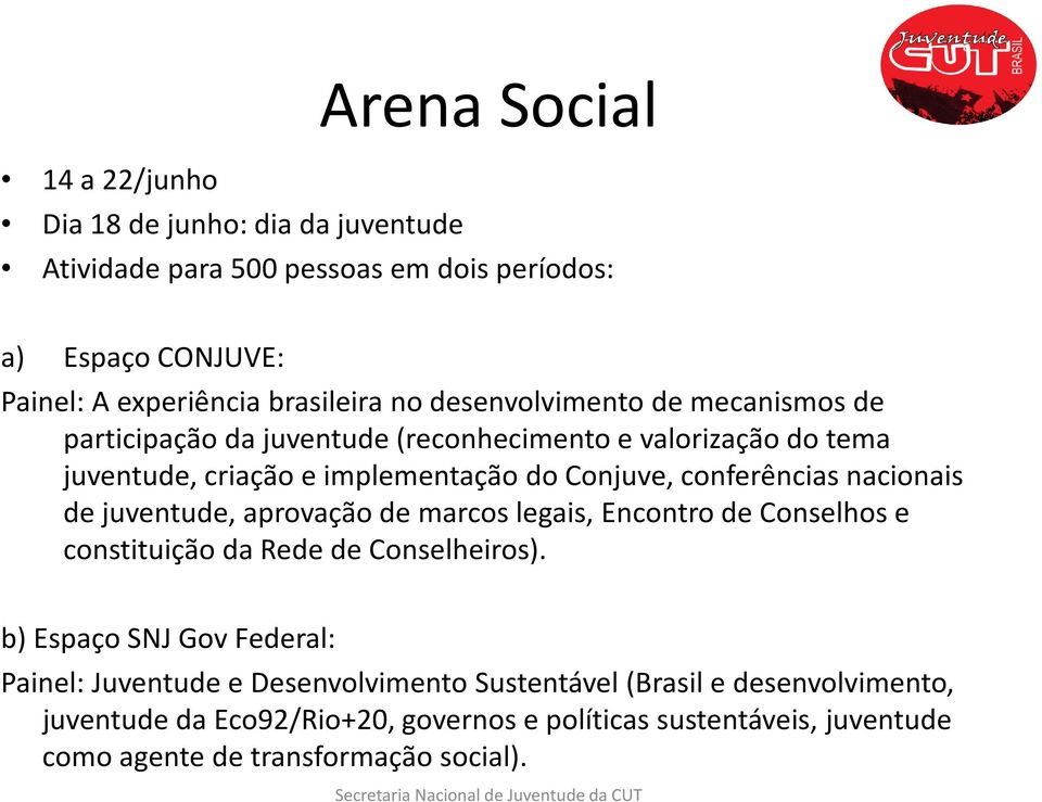 nacionais de juventude, aprovação de marcos legais, Encontro de Conselhos e constituição da Rede de Conselheiros).