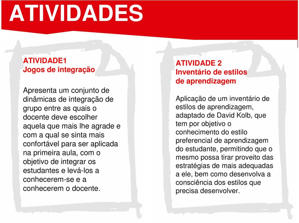 OBJETIVOS ATIVIDADE 2 Inventário de estilos de aprendizagem Aplicação de um inventário de estilos de aprendizagem, adaptado de David Kolb, que tem por objetivo o conhecimento do