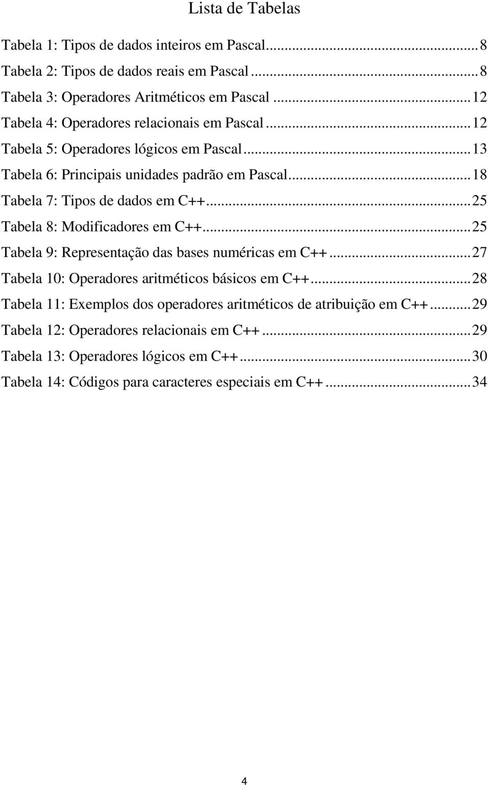 ..18 Tabela 7: Tipos de dados em C++...25 Tabela 8: Modificadores em C++...25 Tabela 9: Representação das bases numéricas em C++.