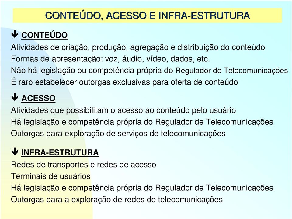 acesso ao conteúdo pelo usuário Há legislação e competência própria do Regulador de Telecomunicações Outorgas para exploração de serviços de telecomunicações INFRA-ESTRUTURA