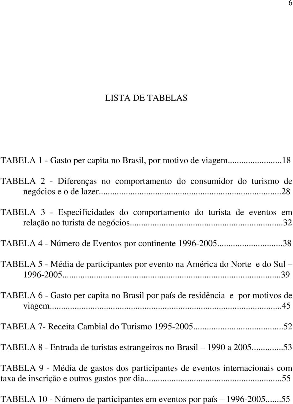 ..38 TABELA 5 - Média de participantes por evento na América do Norte e do Sul 1996-2005...39 TABELA 6 - Gasto per capita no Brasil por país de residência e por motivos de viagem.