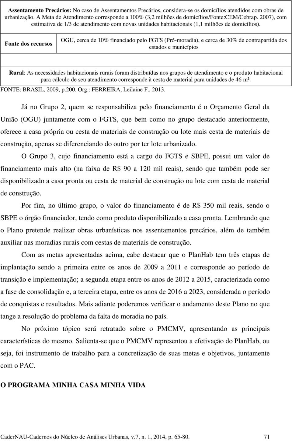 Fonte dos recursos OGU, cerca de 10% financiado pelo FGTS (Pró-moradia), e cerca de 30% de contrapartida dos estados e municípios Rural: As necessidades habitacionais rurais foram distribuídas nos