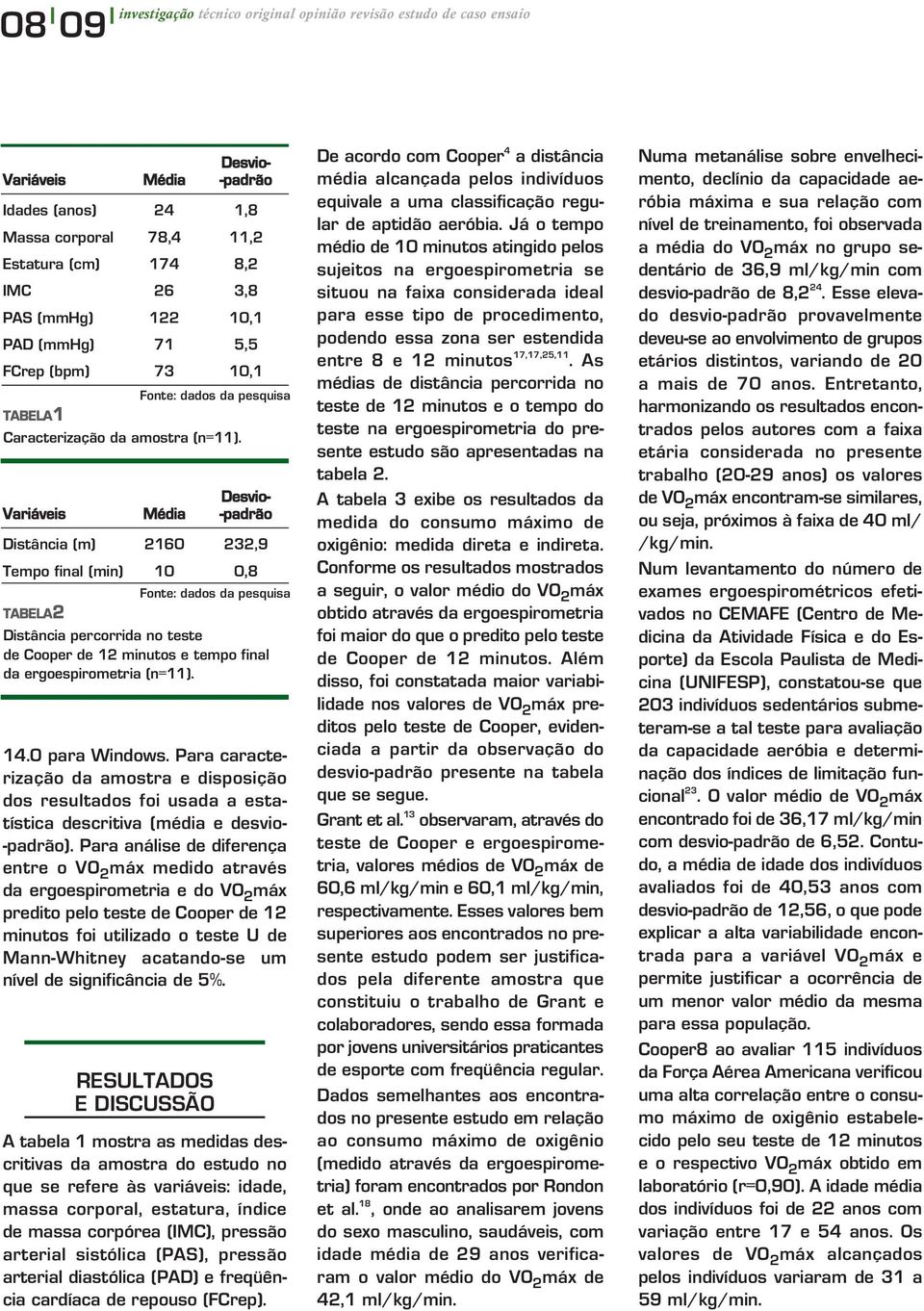 Para análise de diferença entre o VO 2 máx medido através da ergoespirometria e do VO 2 máx predito pelo teste de Cooper de 12 minutos foi utilizado o teste U de Mann-Whitney acatando-se um nível de