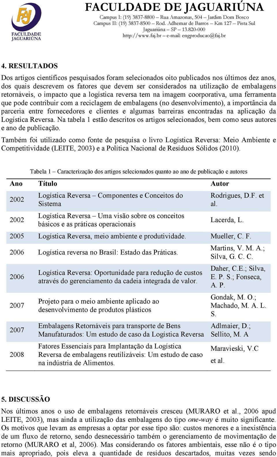 fornecedores e clientes e algumas barreiras encontradas na aplicação da Logística Reversa. Na tabela 1 estão descritos os artigos selecionados, bem como seus autores e ano de publicação.