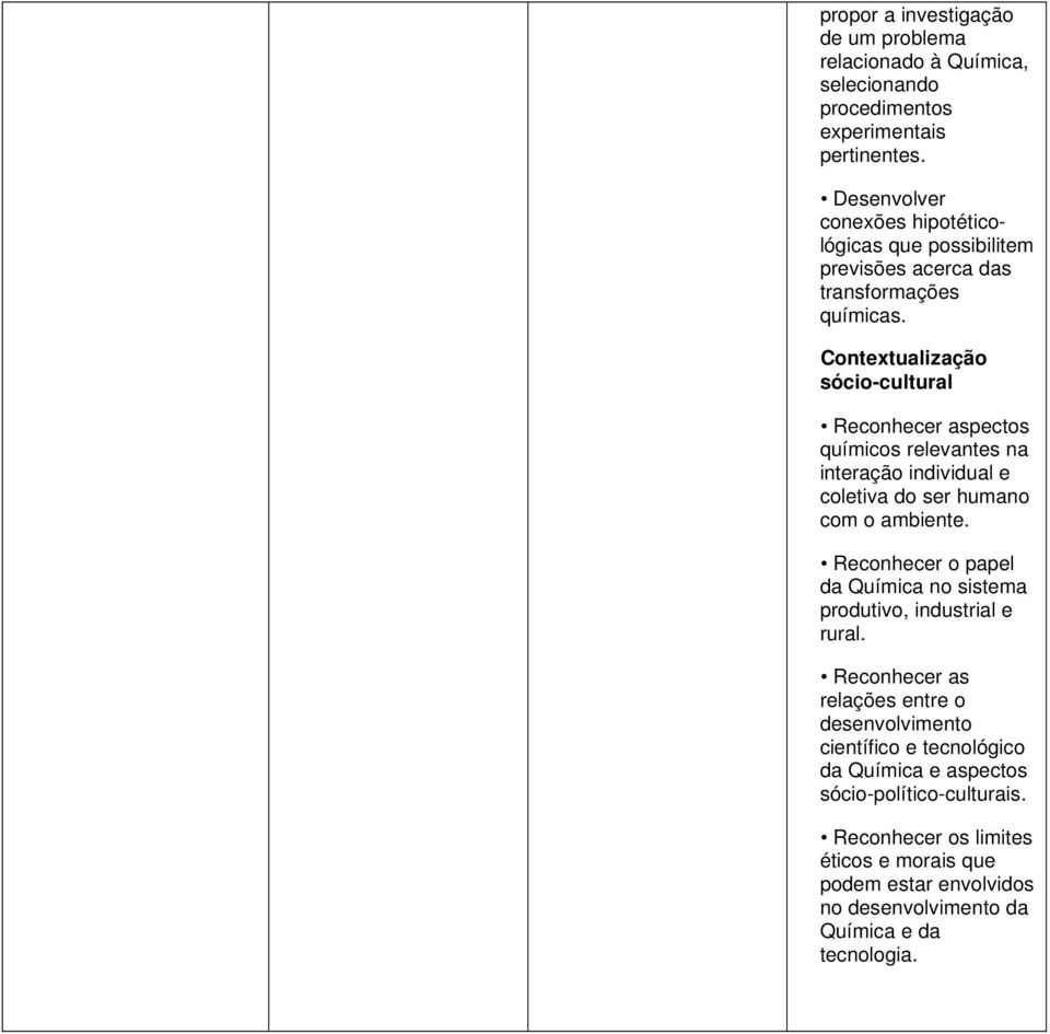 Contextualização sócio-cultural Reconhecer aspectos químicos relevantes na interação individual e coletiva do ser humano com o ambiente.