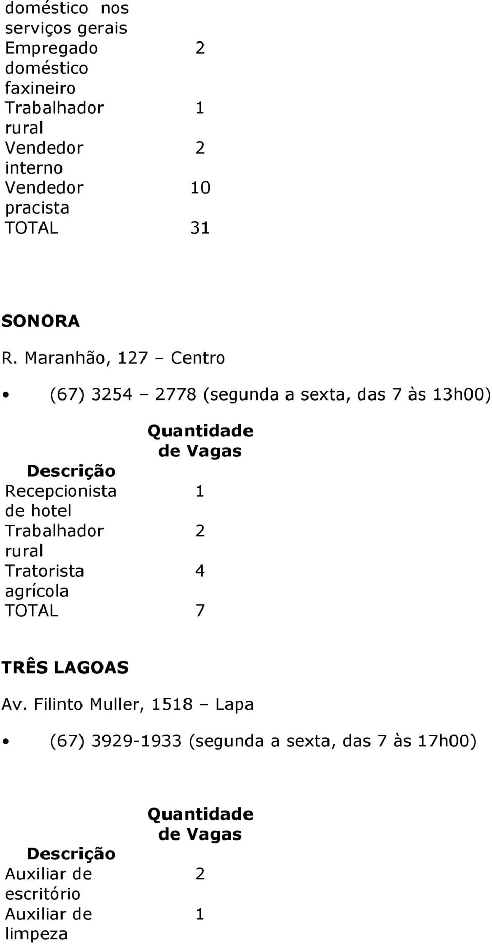 Maranhão, 7 Centro (67) 354 778 (segunda a sexta, das 7 às 3h00) Recepcionista de hotel