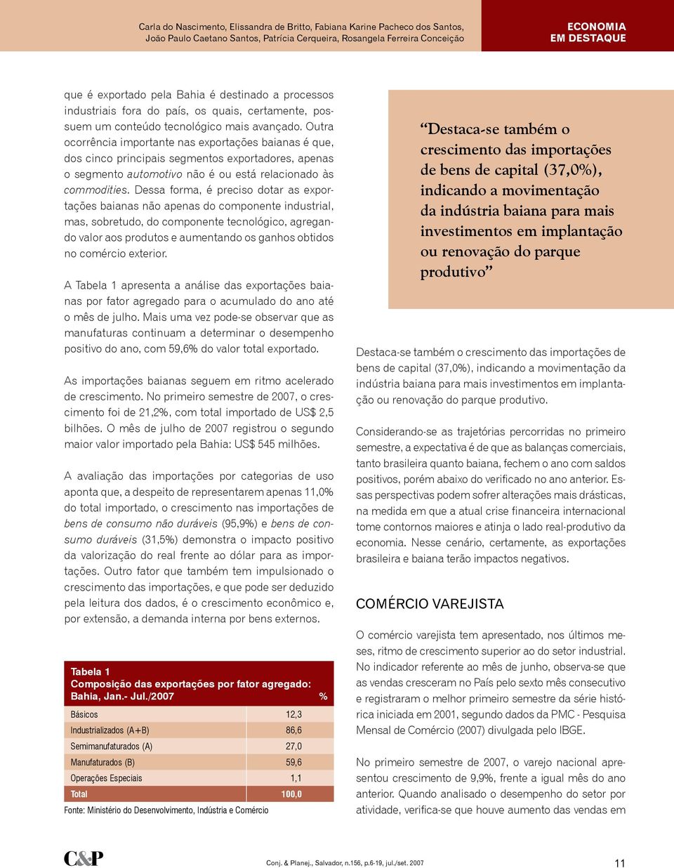 Outra ocorrência importante nas exportações baianas é que, dos cinco principais segmentos exportadores, apenas o segmento automotivo não é ou está relacionado às commodities.