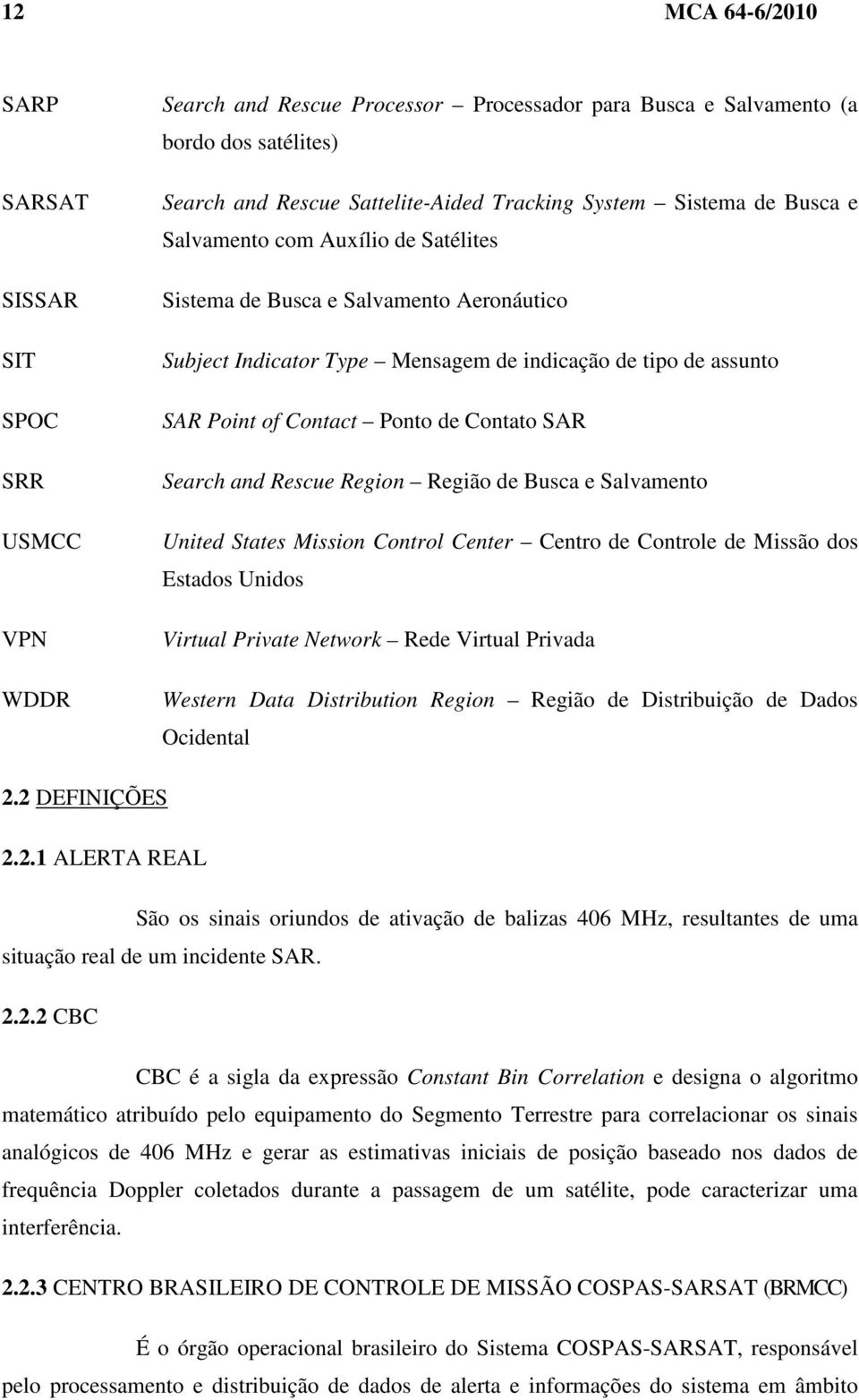 Contato SAR Search and Rescue Region Região de Busca e Salvamento United States Mission Control Center Centro de Controle de Missão dos Estados Unidos Virtual Private Network Rede Virtual Privada