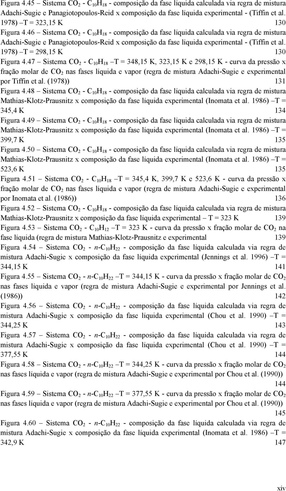 46 Sistema CO 2 - C 10 H 18 - composição da fase líquida calculada via regra de mistura Adachi-Sugie e Panagiotopoulos-Reid x composição da fase líquida experimental - (Tiffin et al.