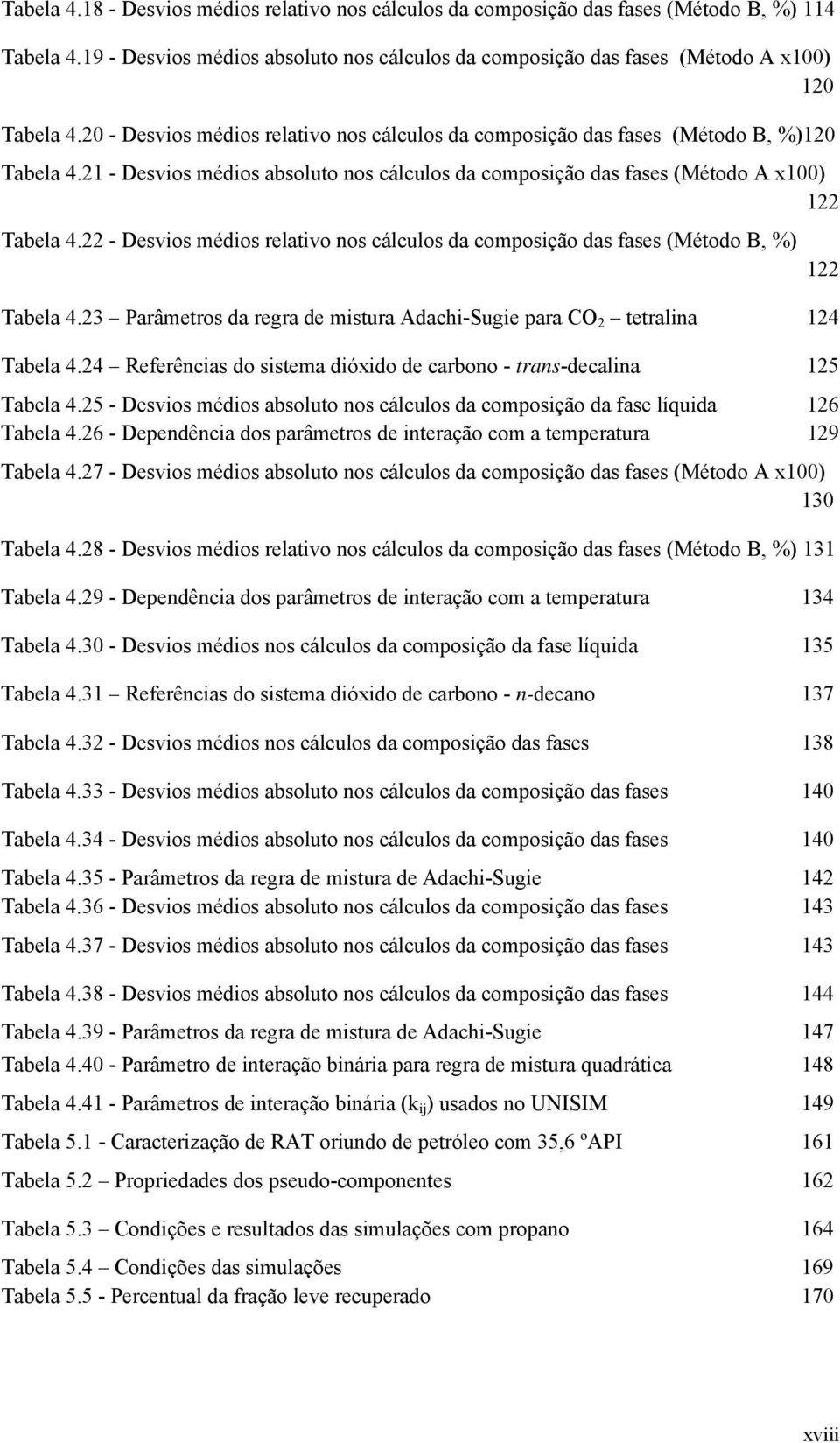 22 - Desvios médios relativo nos cálculos da composição das fases (Método B, %) 122 Tabela 4.23 Parâmetros da regra de mistura Adachi-Sugie para CO 2 tetralina 124 Tabela 4.