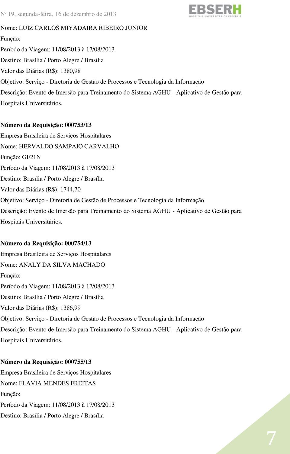 Número da Requisição: 000753/13 Nome: HERVALDO SAMPAIO CARVALHO GF21N Período da Viagem: 11/08/2013 à 17/08/2013 Valor das Diárias (R$): 1744,70 Descrição: Evento de Imersão para Treinamento do