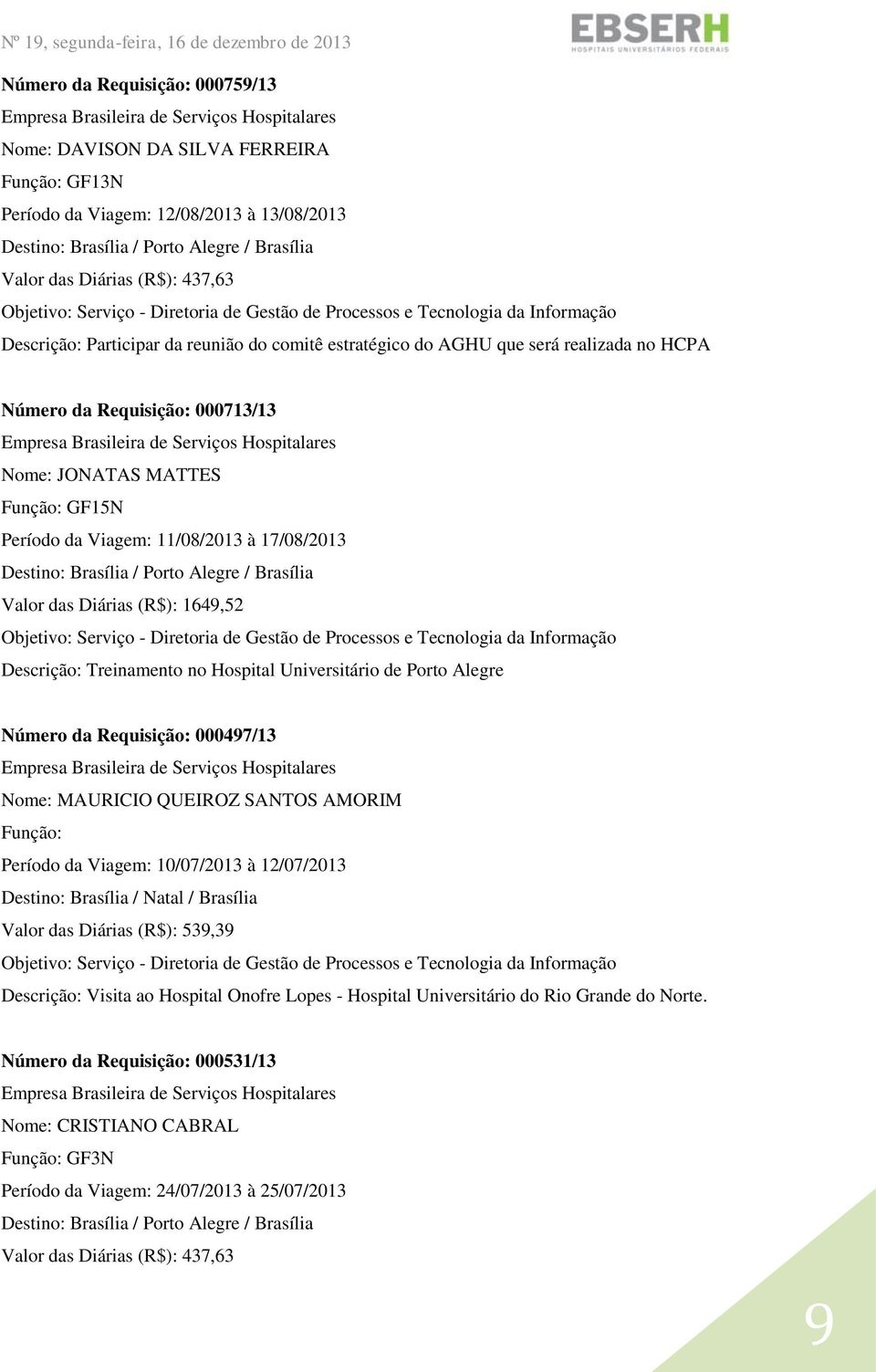 Hospital Universitário de Porto Alegre Número da Requisição: 000497/13 Nome: MAURICIO QUEIROZ SANTOS AMORIM Período da Viagem: 10/07/2013 à 12/07/2013 Destino: Brasília / Natal / Brasília Valor das