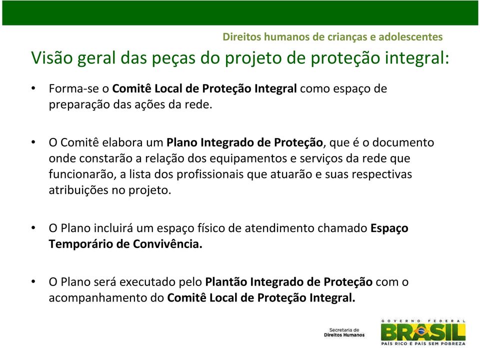 O Comitê elabora um Plano Integrado de Proteção, que é o documento onde constarão a relação dos equipamentos e serviços da rede que funcionarão, a lista