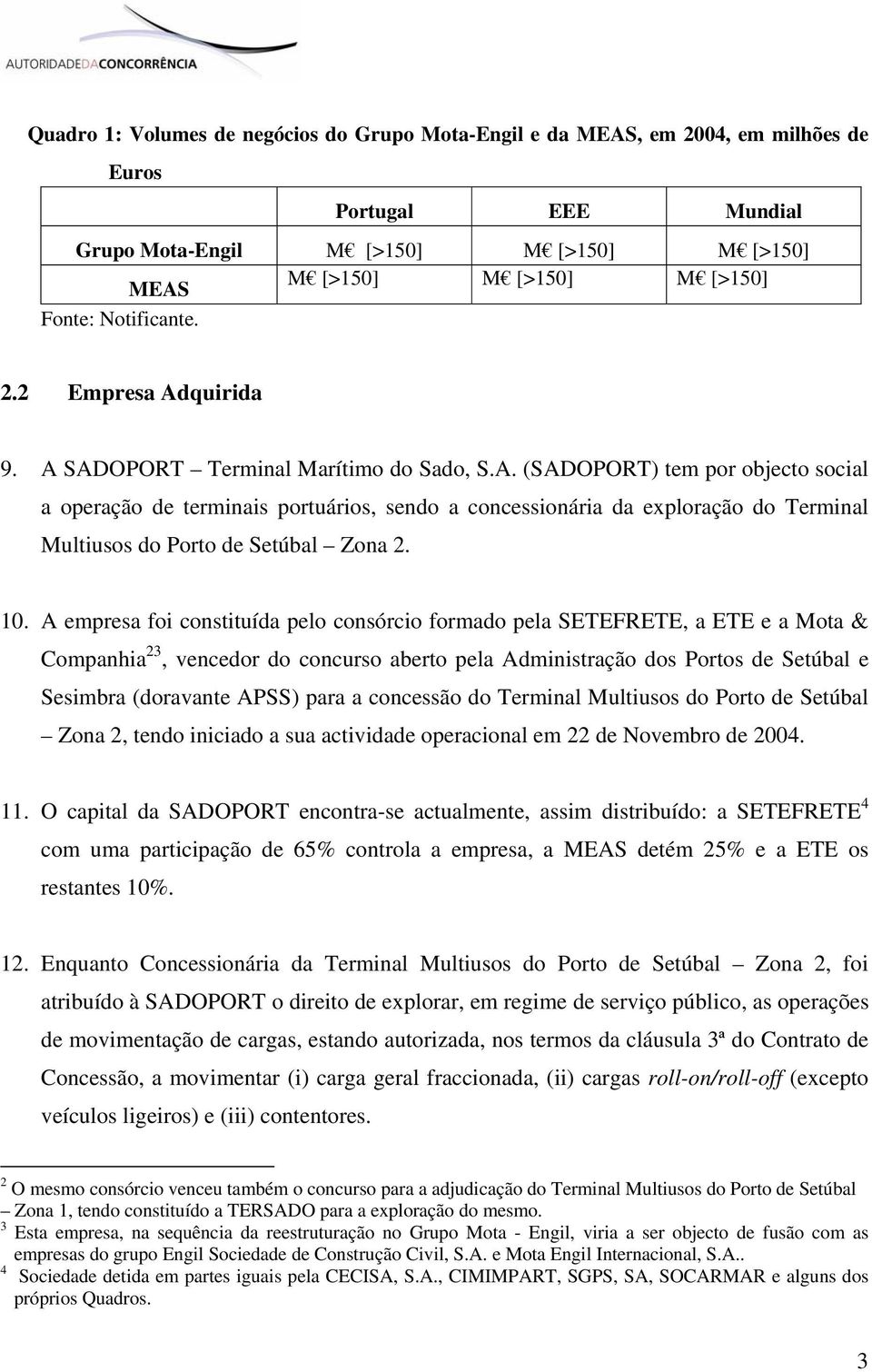 10. A empresa foi constituída pelo consórcio formado pela SETEFRETE, a ETE e a Mota & Companhia 23, vencedor do concurso aberto pela Administração dos Portos de Setúbal e Sesimbra (doravante APSS)