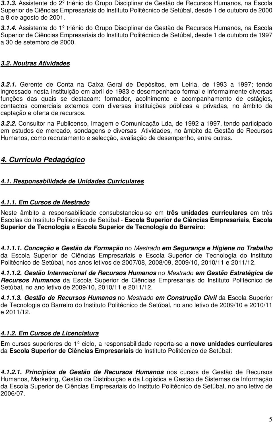 Assistente do 1º triénio do Grupo Disciplinar de Gestão de Recursos Humanos, na Escola Superior de Ciências Empresariais do Instituto Politécnico de Setúbal, desde 1 de outubro de 1997 a 30 de