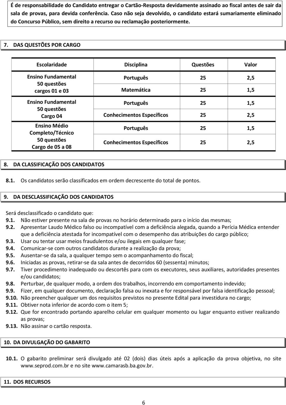 DAS QUESTÕES POR CARGO Escolaridade Disciplina Questões Valor Ensino Fundamental 50 questões cargos 01 e 03 Ensino Fundamental 50 questões Cargo 04 Ensino Médio Completo/Técnico 50 questões Cargo de