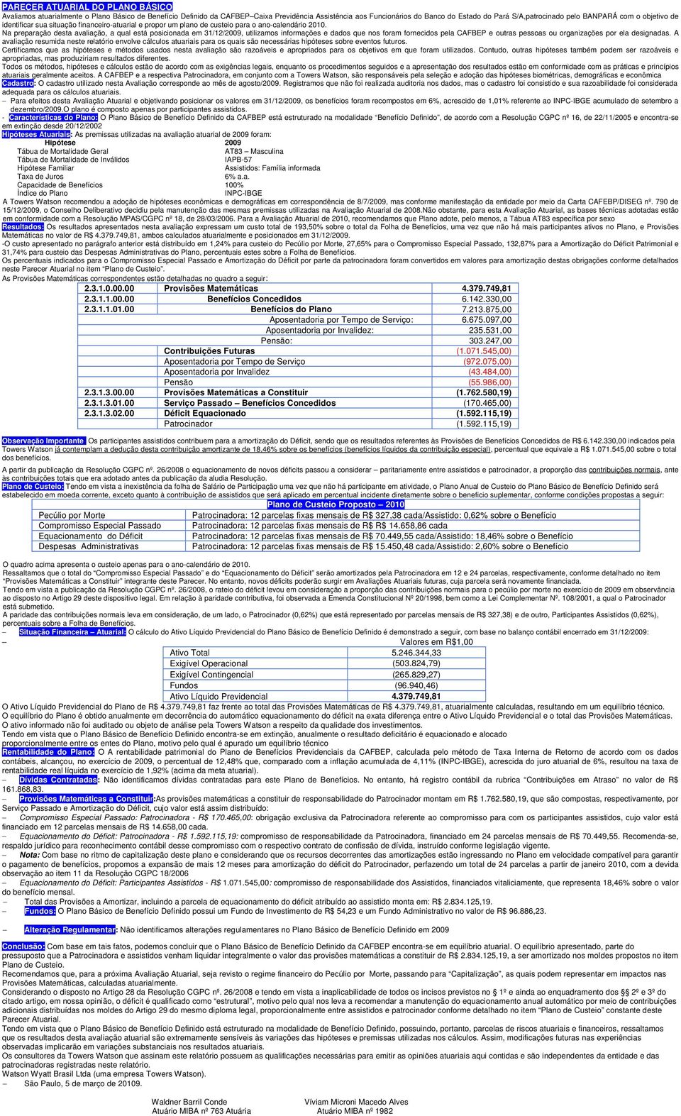 Na preparação desta avaliação, a qual está posicionada em 31/12/2009, utilizamos informações e dados que nos foram fornecidos pela CAFBEP e outras pessoas ou organizações por ela designadas.