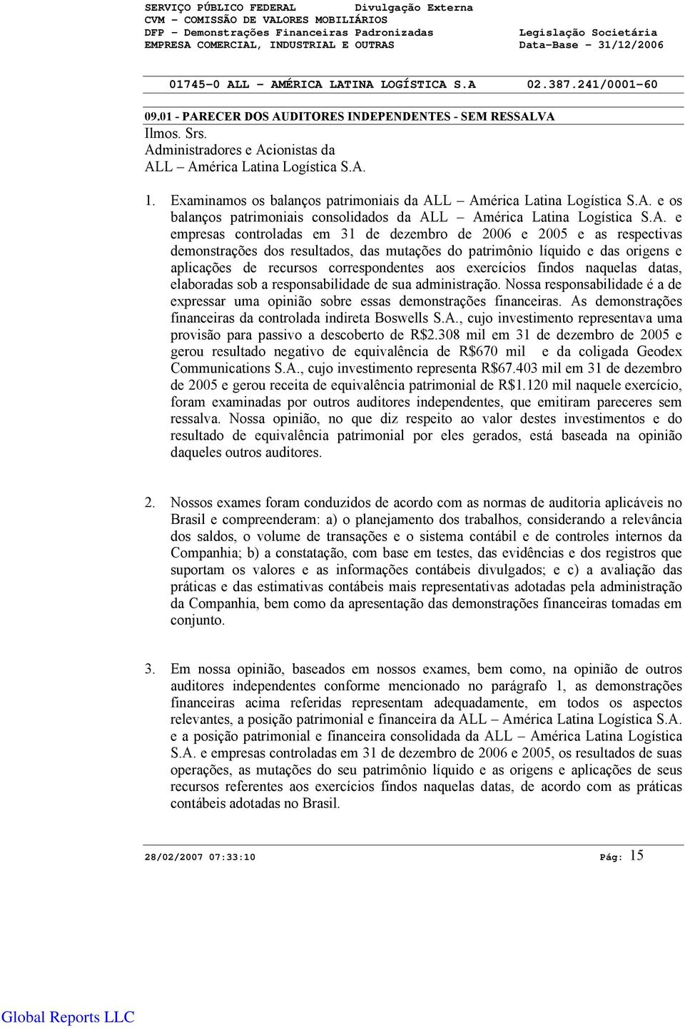 A. e os balanços patrimoniais consolidados da ALL América Latina Logística S.A. e empresas controladas em 31 de dezembro de 26 e 25 e as respectivas demonstrações dos resultados, das mutações do