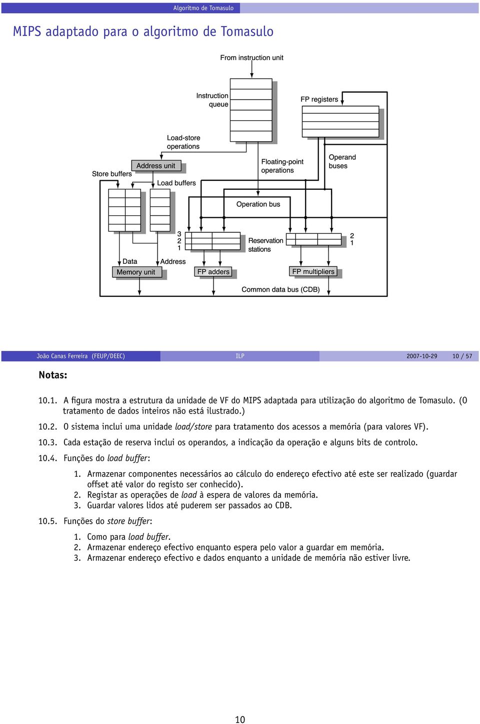 10.3. Cada estação de reserva inclui os operandos, a indicação da operação e alguns bits de controlo. 10.4. Funções do load buffer: 1.