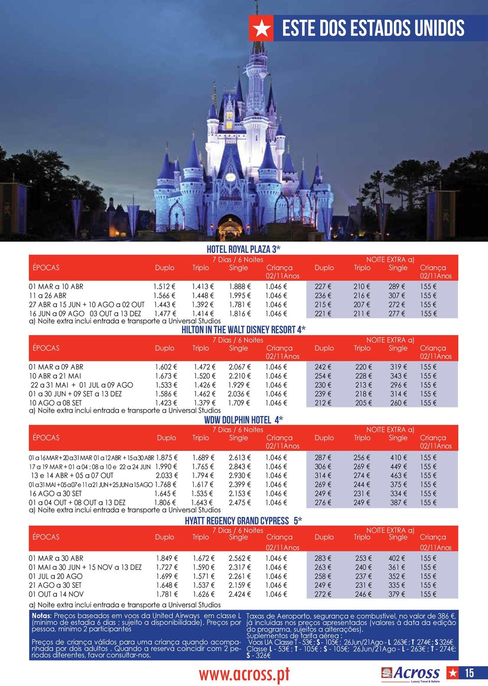 046 221 211 277 155 a) Noite extra inclui entrada e transporte a Universal Studios HILTON IN THE WALT DISNEY RESORT 4* 7 Dias / 6 Noites NOITE EXTRA a) ÉPOCAS Duplo Triplo Single Criança Duplo Triplo