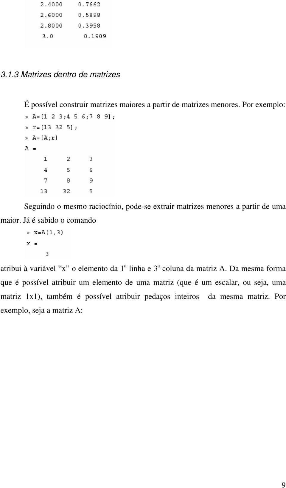 Já é sabido o comando atribui à variável x o elemento da 1 a linha e 3 a coluna da matriz A.