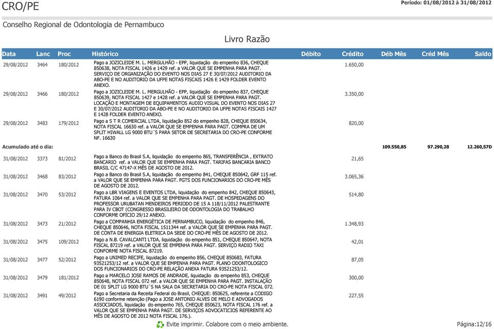 L. MERGULHÃO - EPP, liquidação do empenho 837, CHEQUE 850639, NOTA FISCAL 1427 e 1428 ref. a VALOR QUE SE EMPENHA PARA PAGT.