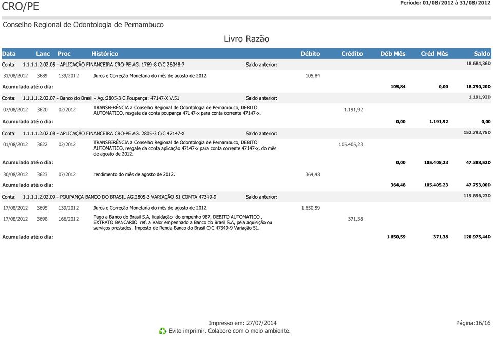 08 - APLICAÇÃO FINANCEIRA CRO-PE AG. 2805-3 C/C 47147-X anterior: 152.