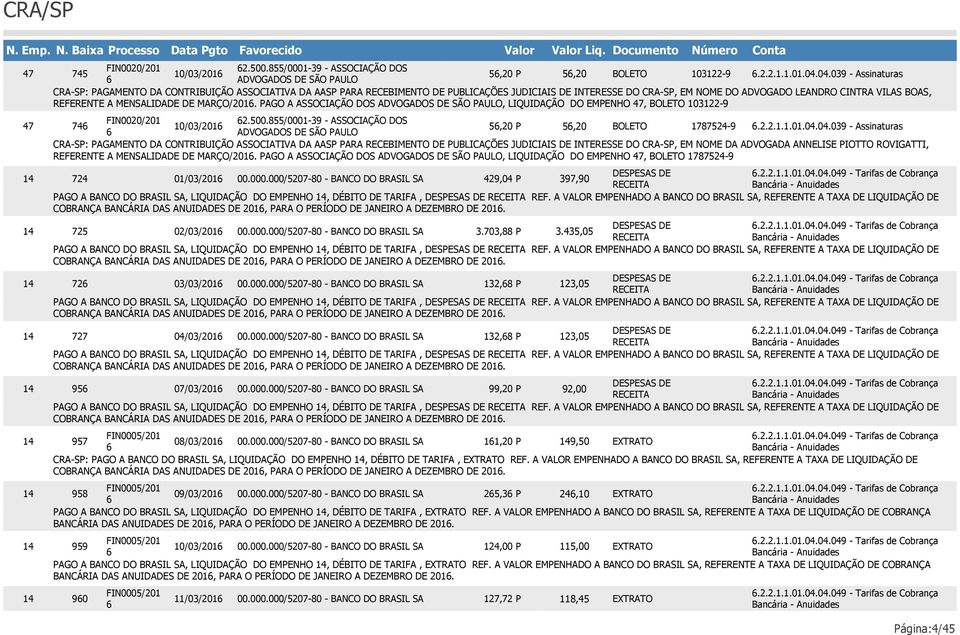 04.039 - Assinaturas ADVOGADOS D SÃO PAULO CRA-SP: PAGAMNTO DA CONTRIBUIÇÃO ASSOCIATIVA DA AASP PARA RCBIMNTO D PUBLICAÇÕS JUDICIAIS D INTRSS DO CRA-SP, M NOM DO ADVOGADO LANDRO CINTRA VILAS BOAS,