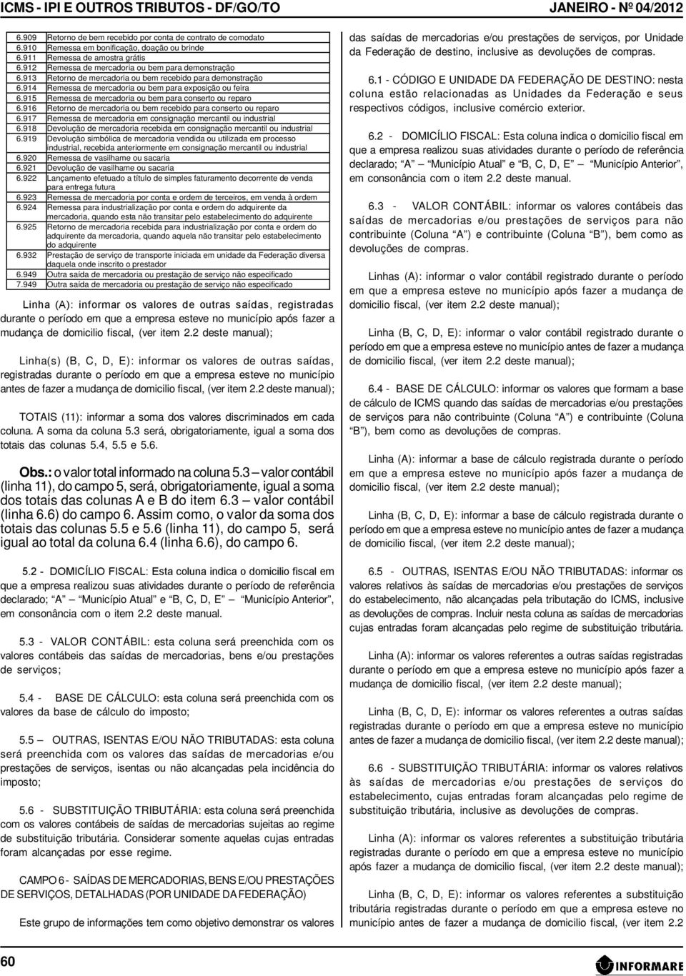 915 Remessa de mercadoria ou bem para conserto ou reparo 6.916 Retorno de mercadoria ou bem recebido para conserto ou reparo 6.917 Remessa de mercadoria em consignação mercantil ou industrial 6.