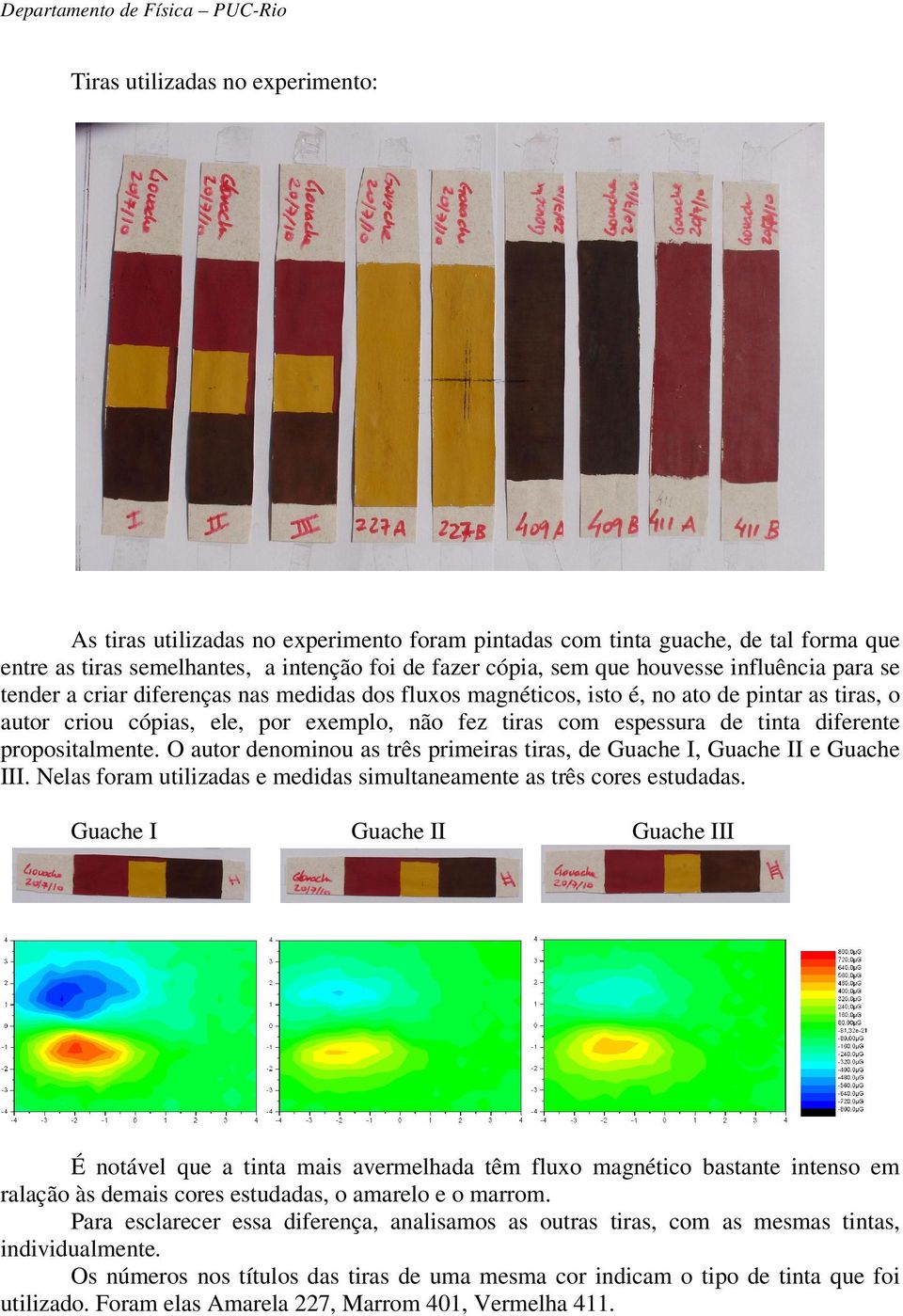 diferente propositalmente. O autor denominou as três primeiras tiras, de Guache I, Guache II e Guache III. Nelas foram utilizadas e medidas simultaneamente as três cores estudadas.