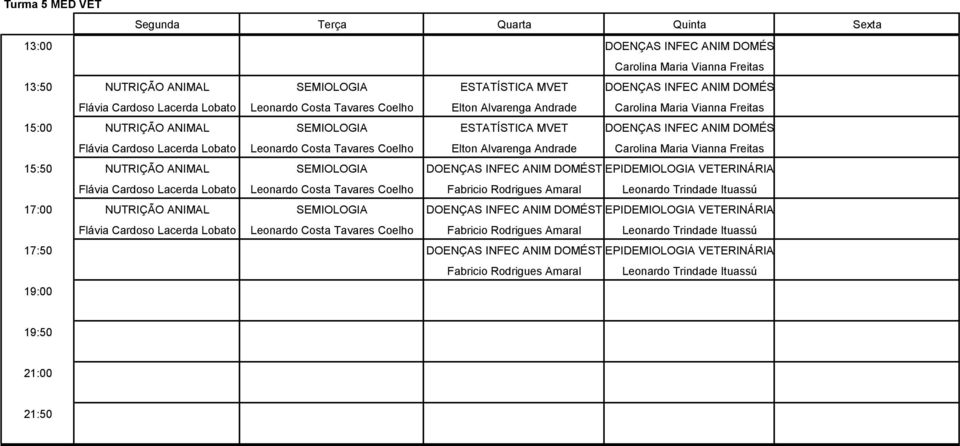 Elton Alvarenga Andrade Carolina Maria Vianna Freitas 15:50 NUTRIÇÃO ANIMAL SEMIOLOGIA DOENÇAS INFEC ANIM DOMÉST EPIDEMIOLOGIA VETERINÁRIA Flávia Cardoso Lacerda Lobato Leonardo Costa Tavares Coelho