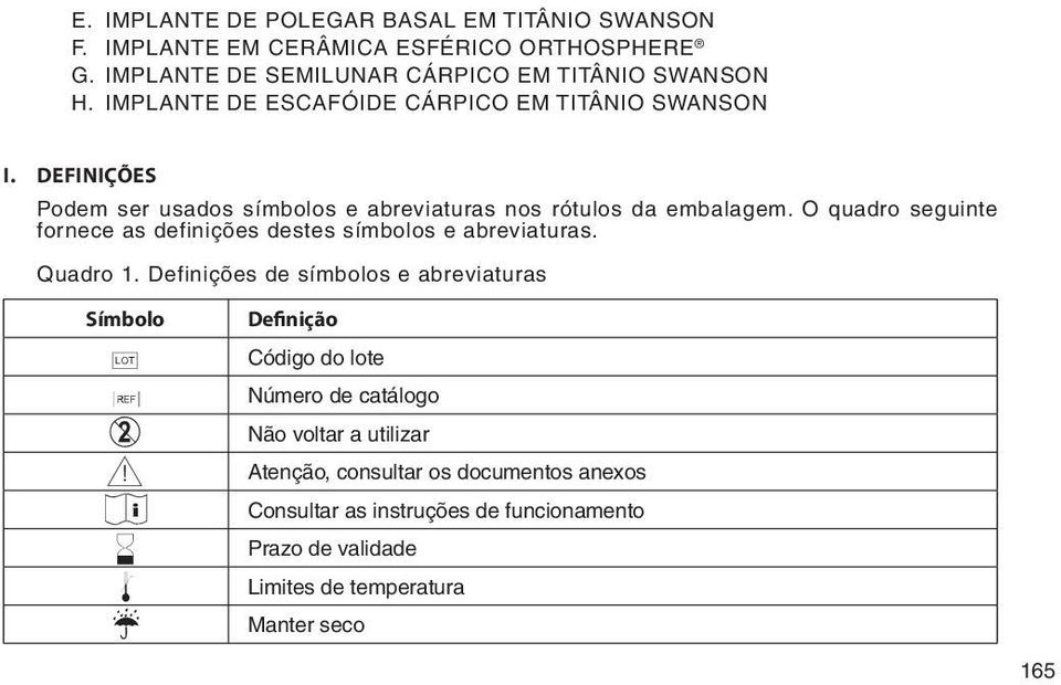 O quadro seguinte fornece as definições destes símbolos e abreviaturas. Quadro 1.